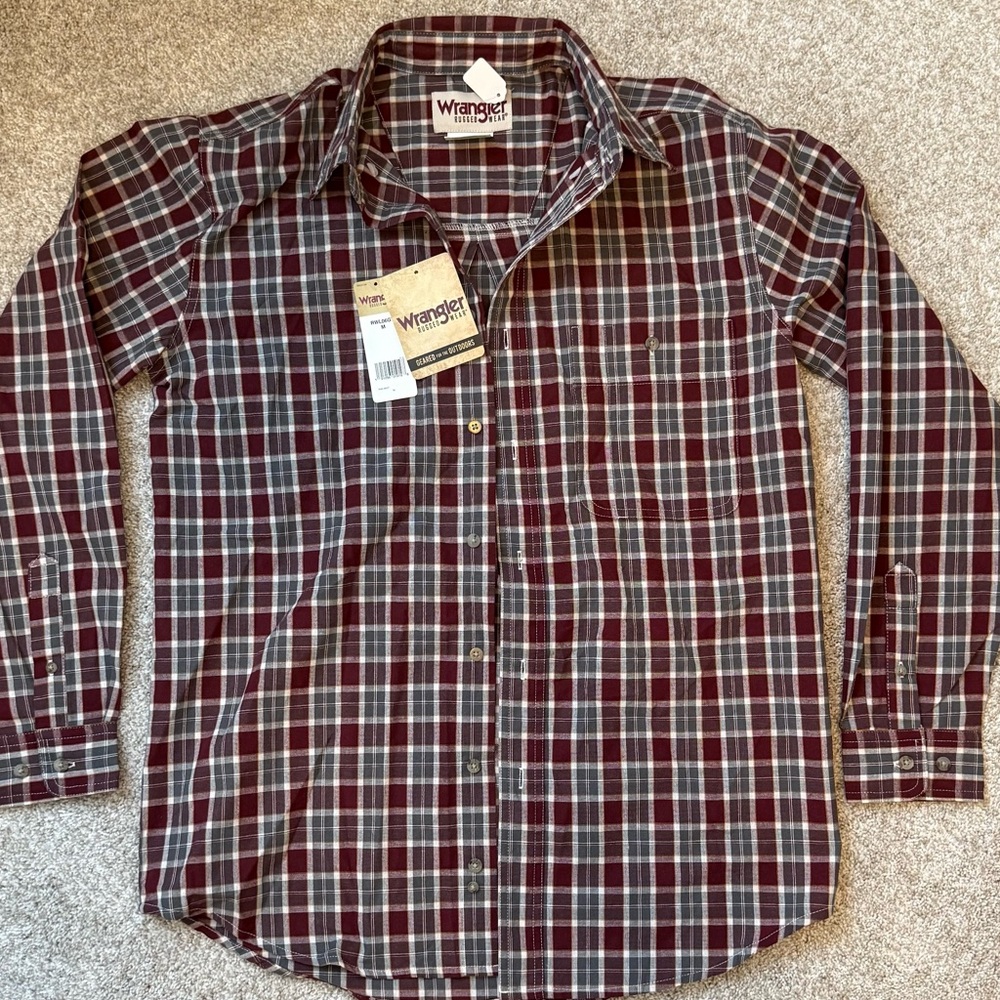 Wrangler Burgundy and White Plaid Button-Down Shirt